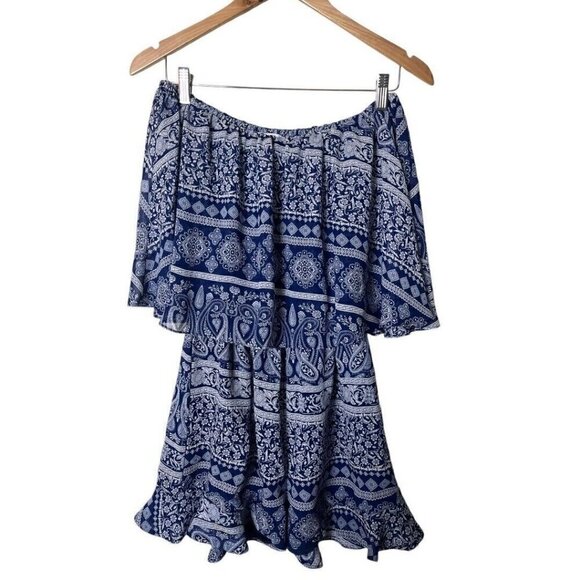MISA Los Angeles Chiara Blue White Off The Shoulder Romper XS - Picture 3 of 6